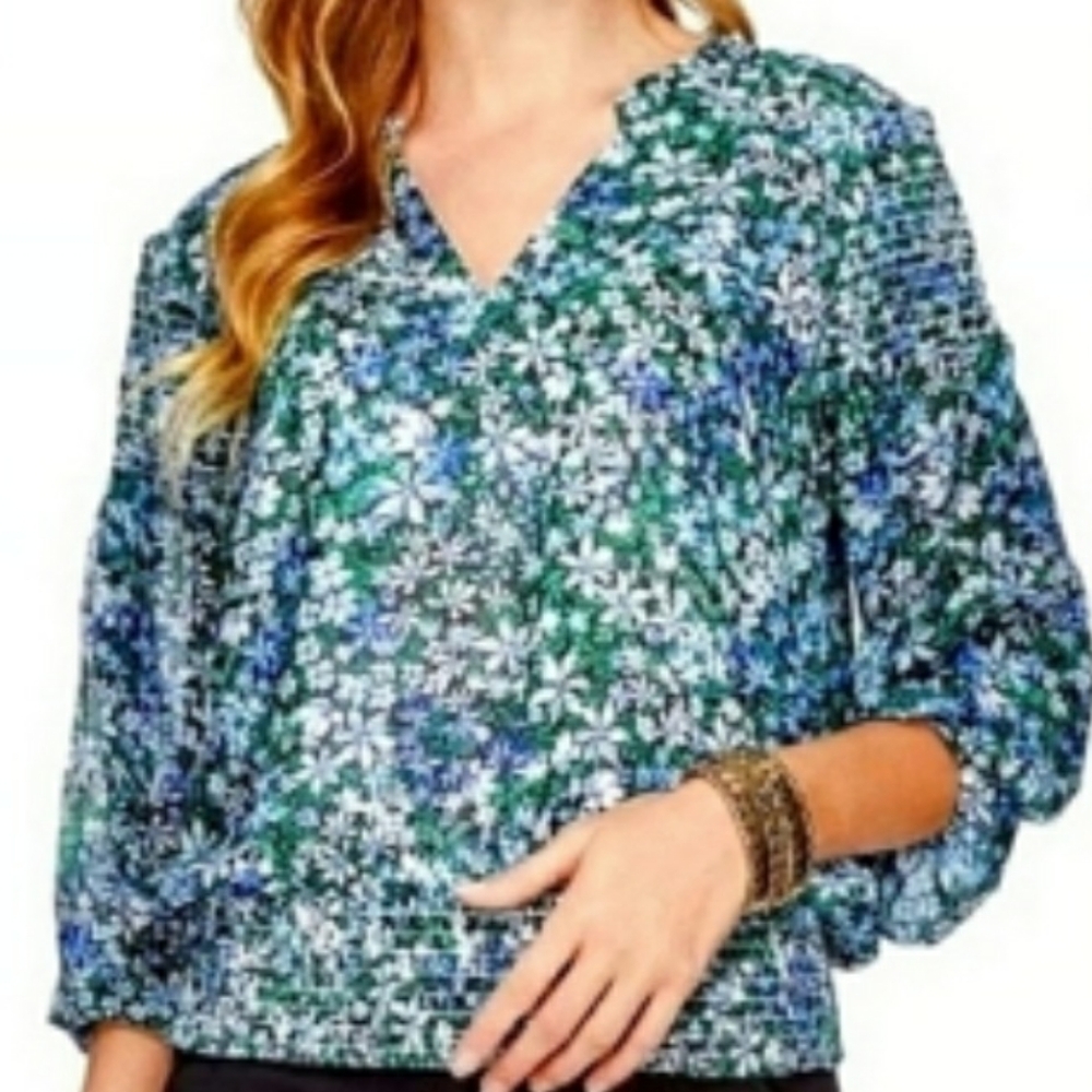 Karl Lagerfeld Women's Floral Blouse - Blue and Green Size XL